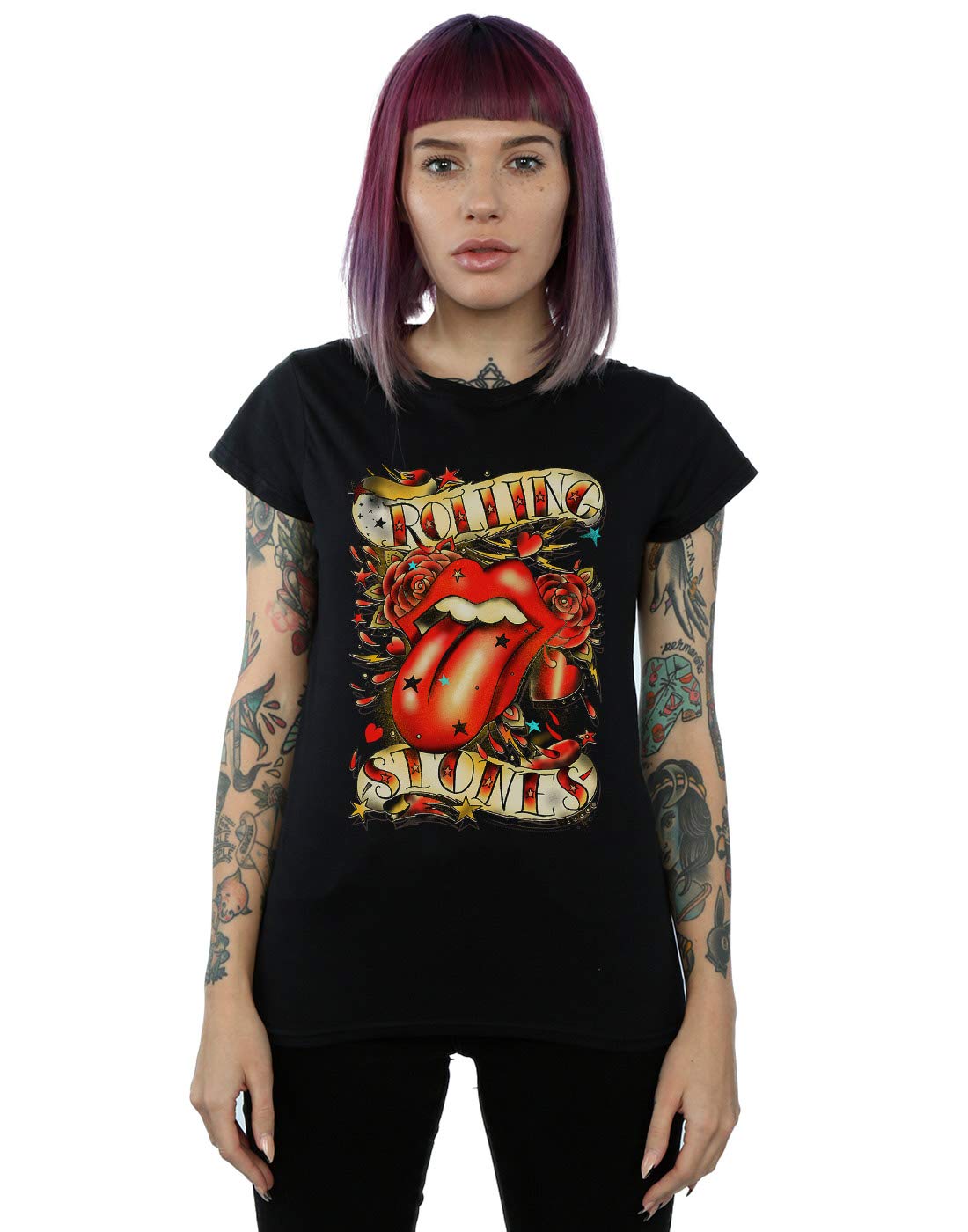 Absolute Cult Women's Black Rolling Stones Tongue And Stars T-Shirt Medium