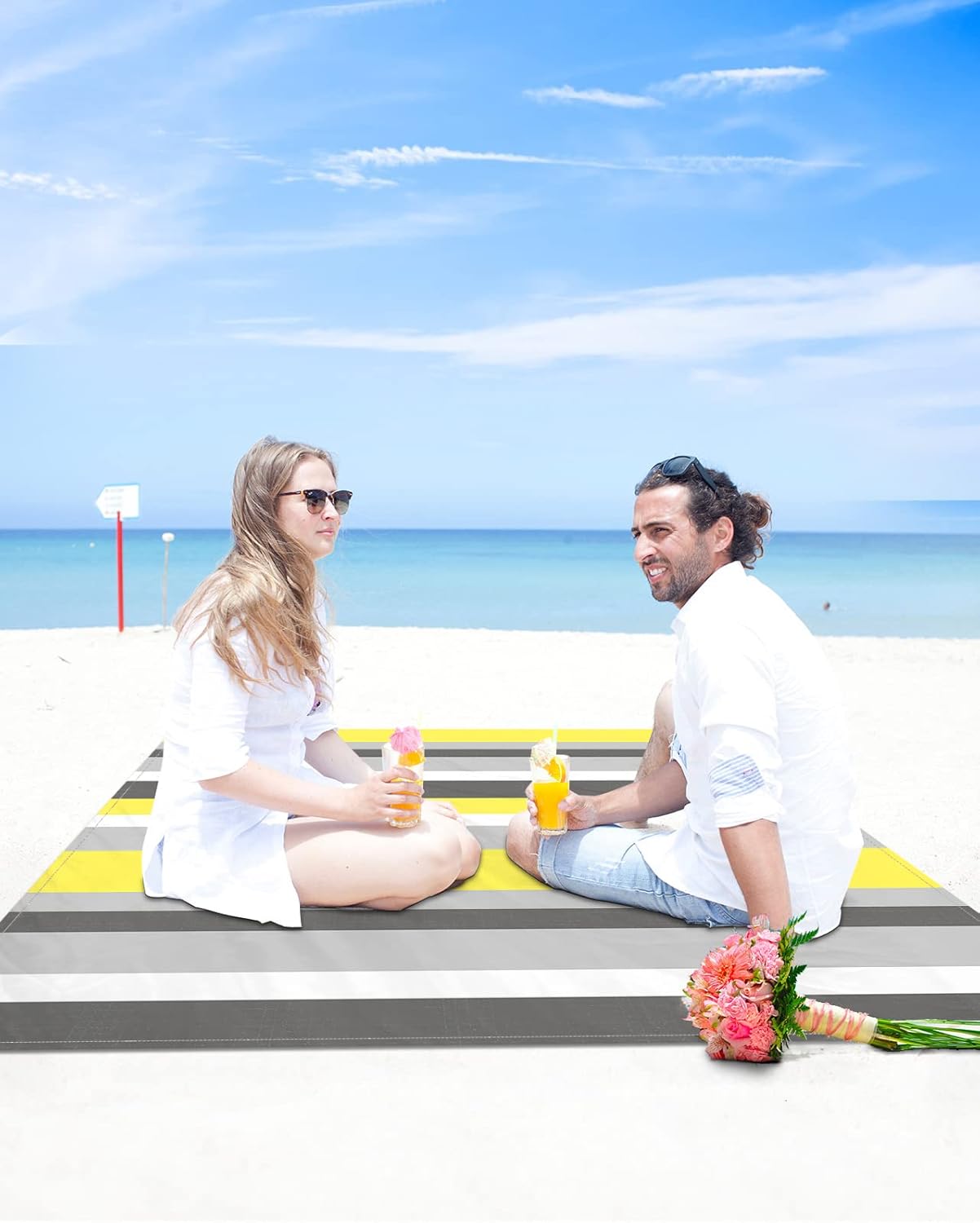 Horizontal Striped Beach Blanket Waterproof Sandproof Outdoor Picnic Mat 95"x80" Yellow Grey White Lightweight Large Beaach Blankets with 4 Stake & 4 Corner Pockets