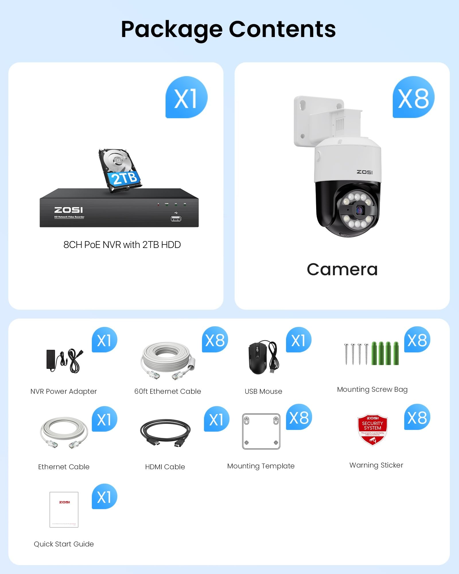 ZOSI 3K Kit Cámaras de Vigilancia PoE Exterior 4K 8CH Grabador NVR 2TB HDD con 5MP Cámara Seguridad IP, Detección y Seguimiento de Persona, Visión Nocturna, Audio Bidireccional
