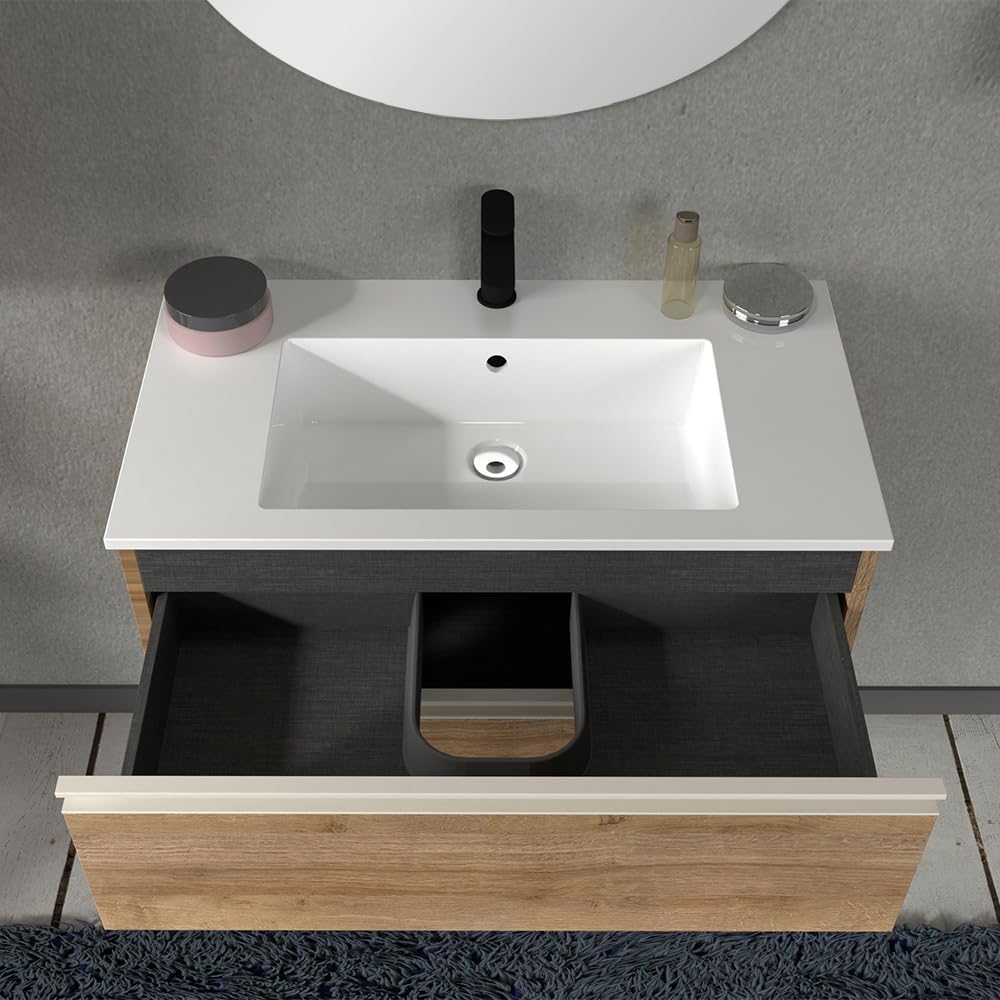 Inbagno Mobile bagno moderno sospeso 80 cm, serie Master 2 cassetti, completo di lavabo e specchio Garanzia 5 anni (Rovere Miele)
