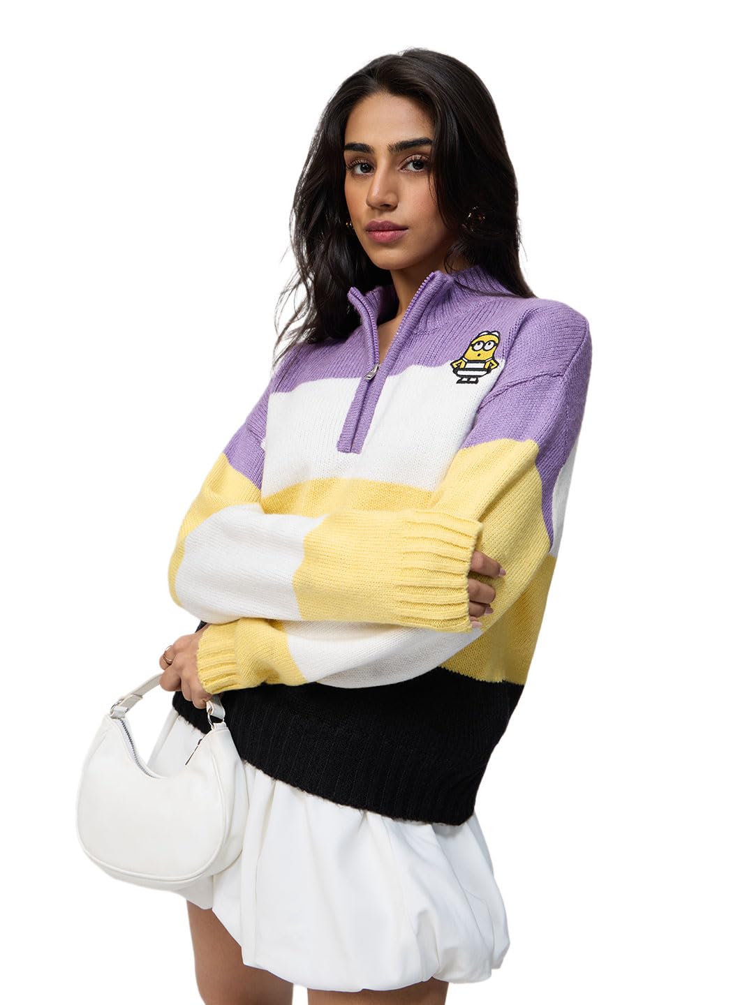 the souled store Minions: Dave's Escape Women and Girls Full Sleeves Mock Neck Purple and Yellow Color-Block Acrylic Polyester Oversized Fit Lightweight Casual Sweater-picture-15
