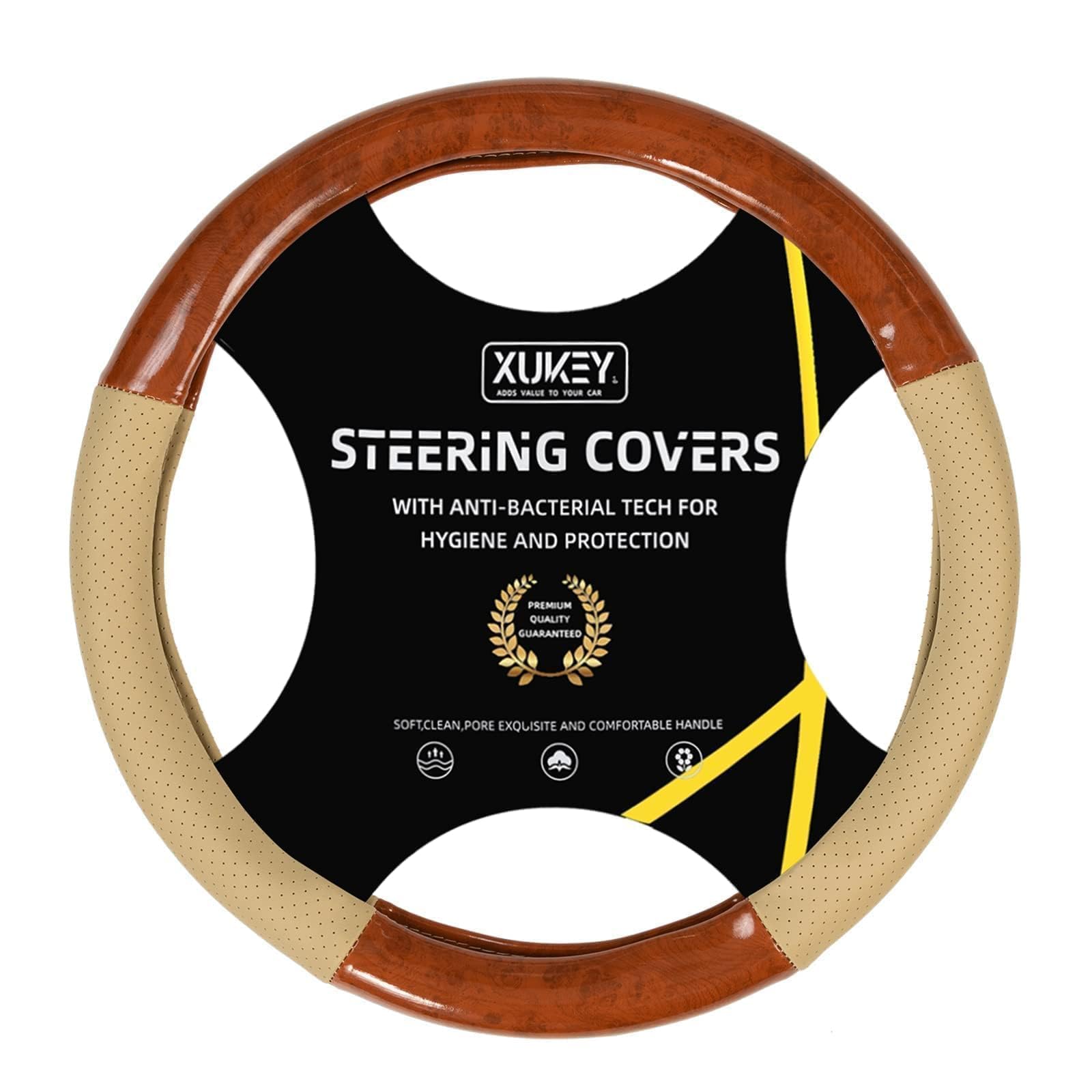 Photo 1 of AUTOXBERT Wood Grain Microfiber Leather Steering Wheel Cover Universal Fit for 14 1/2-15 inch Comfortable Safe Grip, Non-Slip, Breathable and Odorless Steering Wheel Covers (Beige)