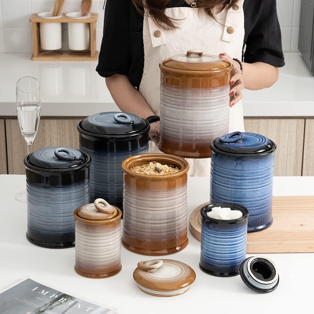 Nihow Ceramic Food Storage Jar Sets: Container with Air Tight Ceramic Lid for Flour/Sugar/Rice/Coffee/Cookies/Candy - Seal Damp-proof Canister for The Kitchen - Set of 4 (Brown) - Image 5