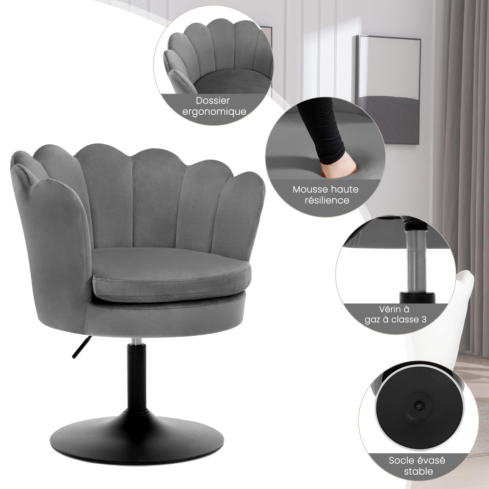 WOLTU Chaise de Coiffeuse, Fauteuil en Forme de Fleur avec Siège Rembourré, Pivotant 360°, en Velours pour Chambre à Coucher, Salon, Hauteur Réglable 43-55cm, Gris foncé, BH420dgr-