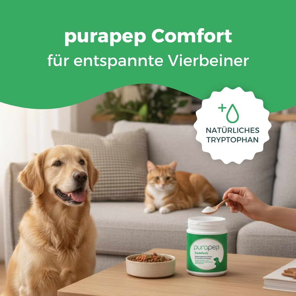 Comfort Pulver – Lindert Stress, Angst & Aggression, fördert Entspannung. Natürliches Beruhigungsmittel für Hunde & Katzen + Tryptophan + B Vitaminen. Ideal für Silvester & Stressphasen. 280g