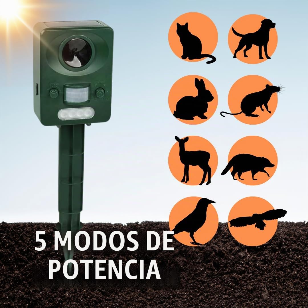 Repelente Gatos Solar y USB Exterior 5 Modas, espanta Palomas, ahuyentador Paloma pajaros Gato, pichos Anti Pajaro, espanta Golondrinas, ahuyenta Ratas, ahuyentador de jabalies