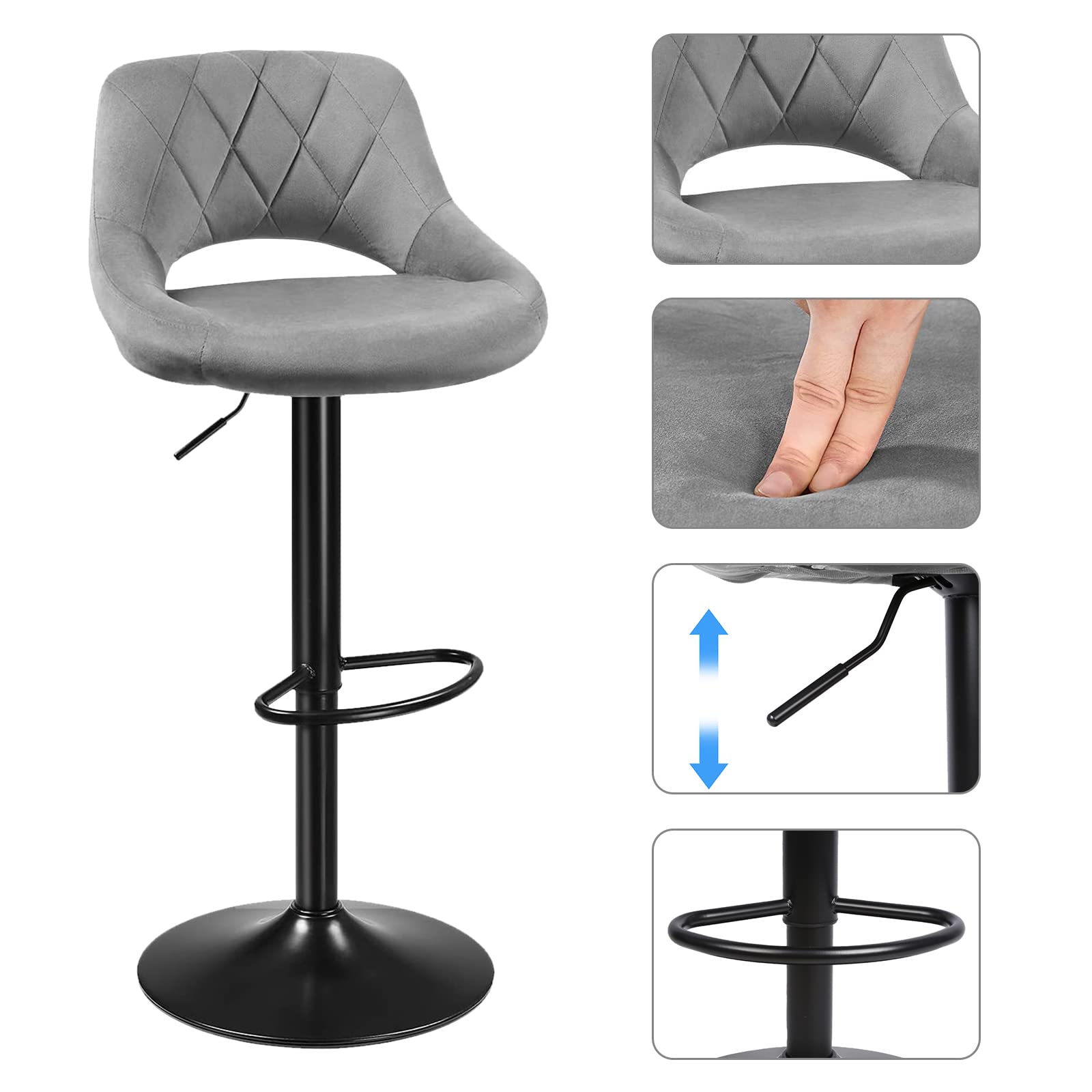 Taburete de bar, silla giratoria, taburete de cocina, taburete de Bistrot de terciopelo, sillas de altura ajustable con respaldo y reposapiés (2 unidades, gris claro)