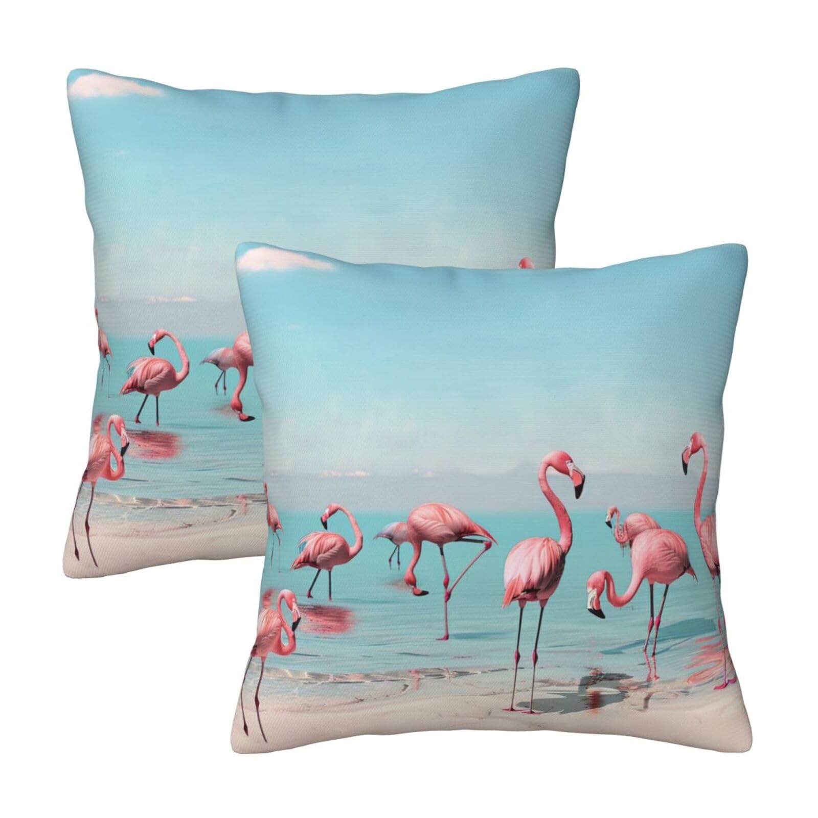 kkvhhyuo Flock of Flamingos on The Beach Print Pillow Covers Set of 2, Square Decorative Cushion Covers with Hidden Zipper, Throw Pillow Cases for Living Room Sofa Bed Chair, 45x45 cm