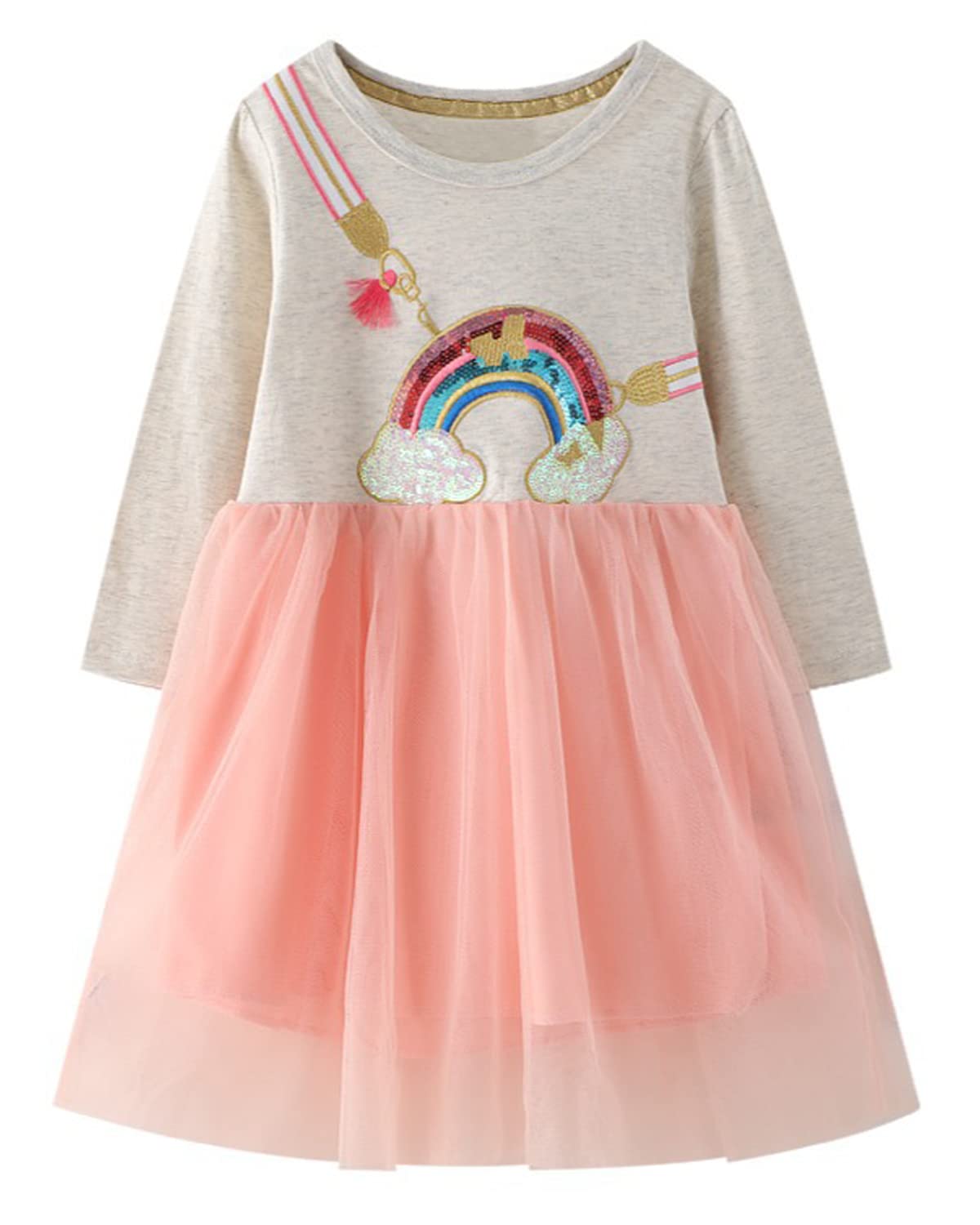 Girls Cotton Long Sleeve Casual Cartoon Appliques Striped Jersey Dresses