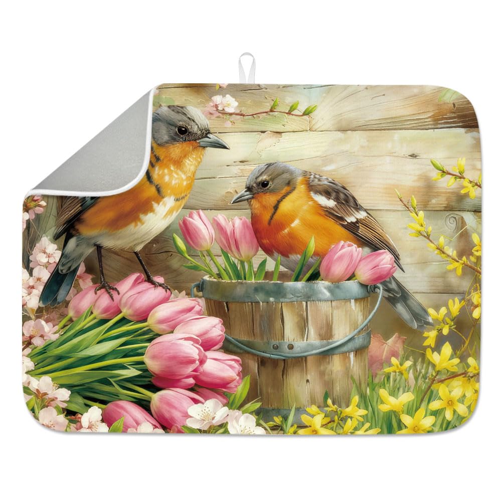 INFUNLY Vintage Flowers Birds Dish Drying Mat for Kitchen Oil Painting Dish Drainer Mats Absorbent Microfiber Dishes Pink Tulips Drying Pad 18x24 Inches Machine Washable for Countertop Coffee Bar