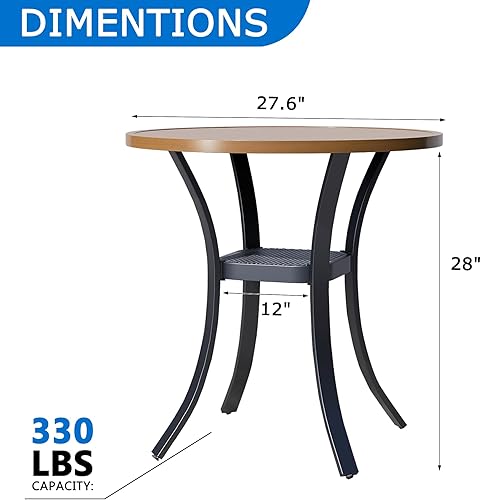 Miniatura 2 de Mesa de patio al aire libre de 27.5 pulgadas con estante de almacenamiento, mesa de jardín redonda de metal resistente de 400 libras, mesa de nogal