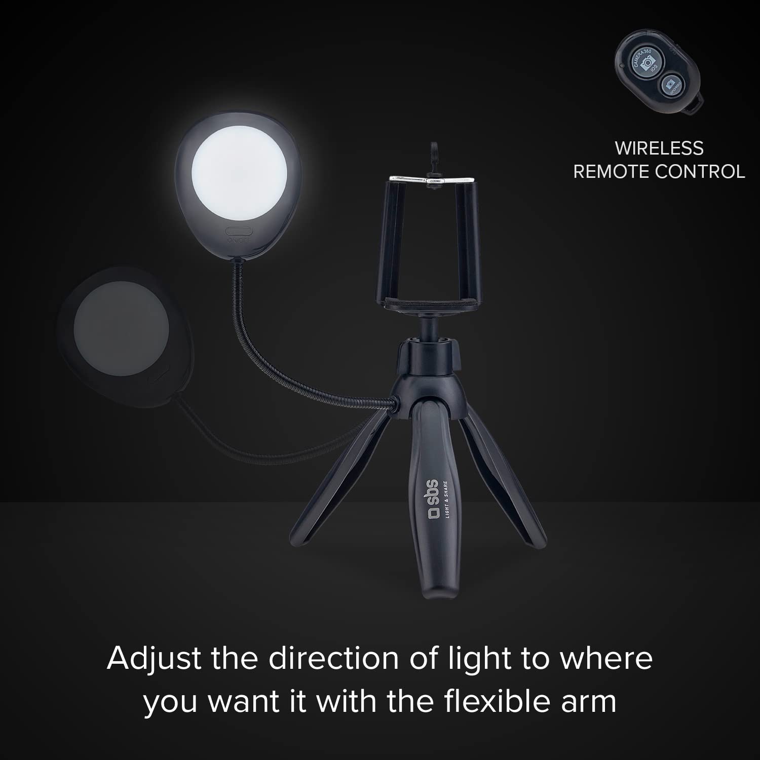 Treppiede per Smartphone iPhone, Samsung, Oppo, Xiaomi, Huawei, Luce LED Orientabile con Regolazione di Intensità, Telecomando Wireless