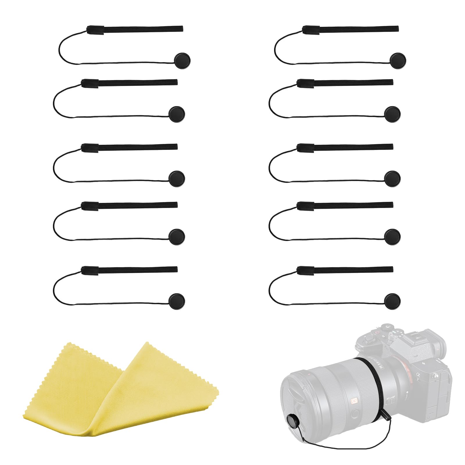 BRBASAP Lens Cap Tether Blackand Microfiber Cleaning Cloth Lens Cap Center Pinch with Lens Cap Leash Holder Prevent Lens Cap Loss SLR Camera