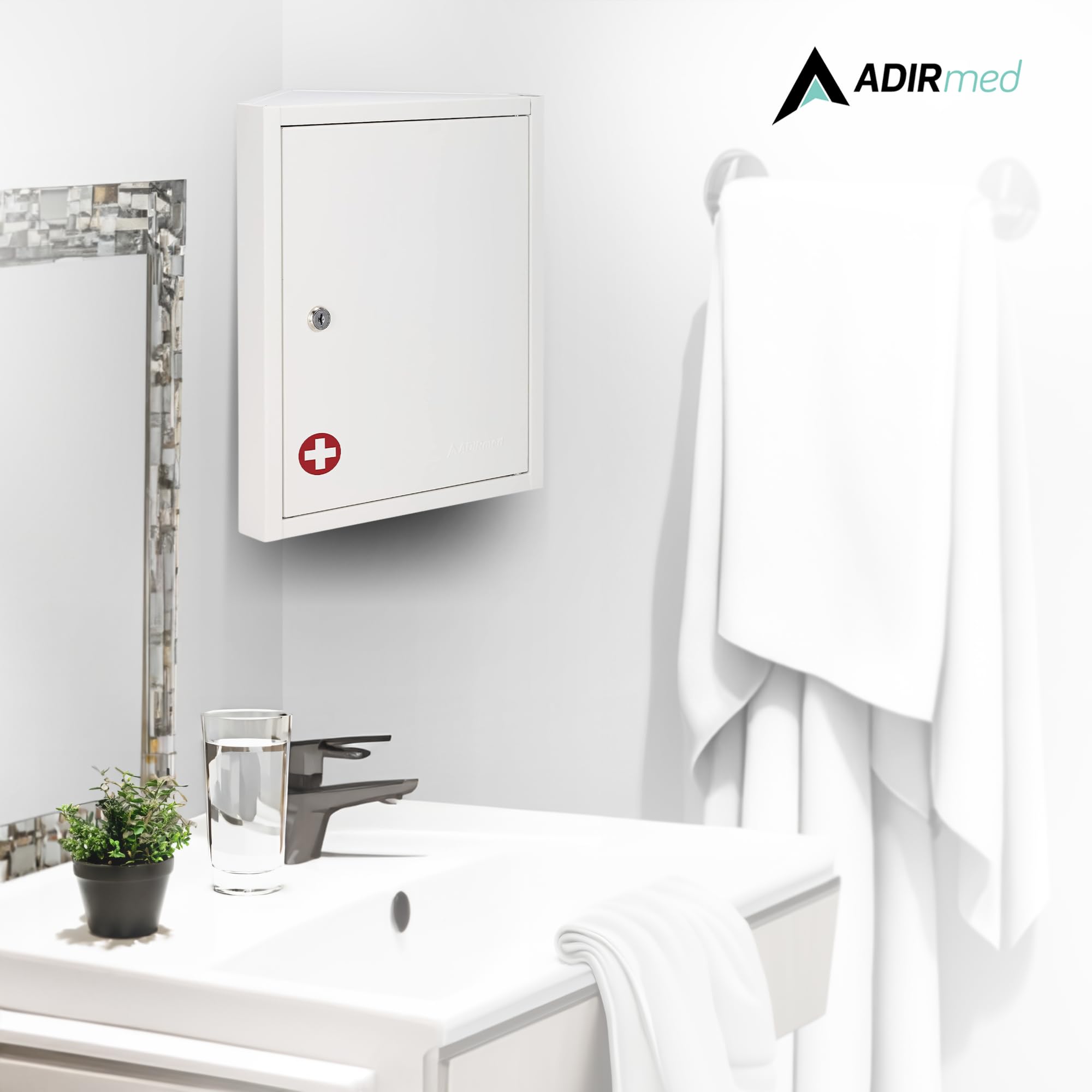 AdirMed Pudełko na leki na leki i apteczkę z 3 półkami/osprzętem instalacyjnym, montowana na ścianie, na leki na receptę, sejf na tabletki do domu, szkoły, biura (stal - biała)