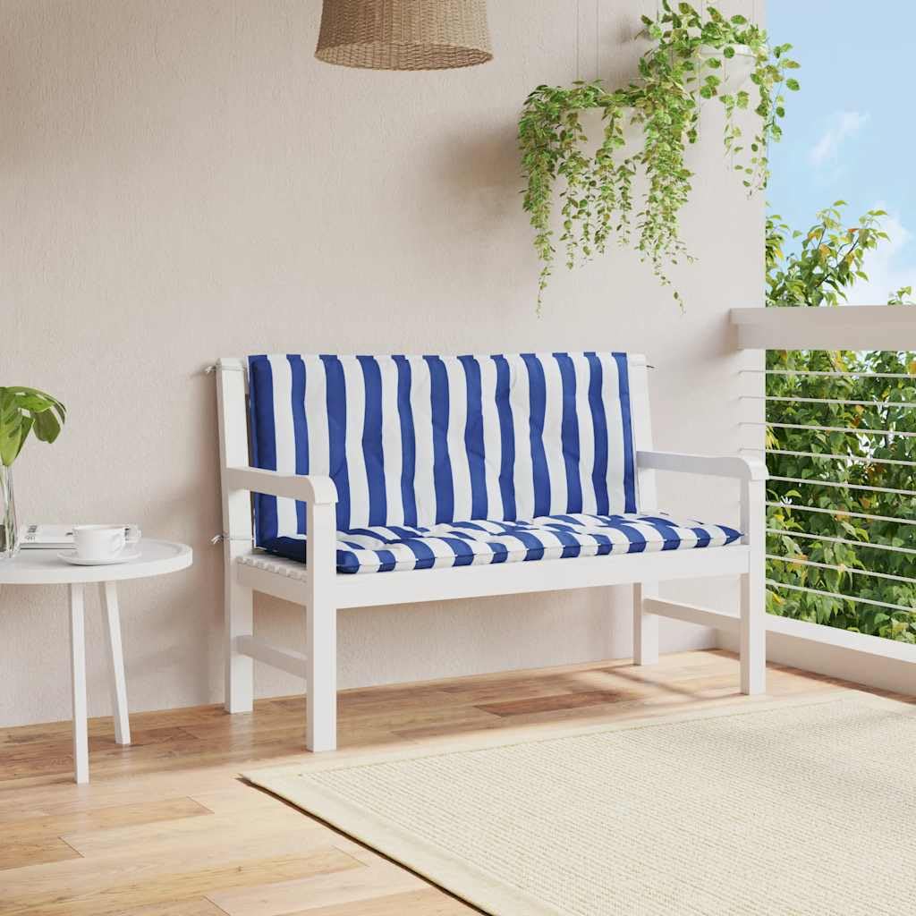 Set 2 Cuscini Panca Giardino Righe Blu Bianche 120x50x7cm | Morbida imbottitura in fibra cava con pratiche corde di fissaggio, perfetti per panca da terrazzo, patio e veranda.