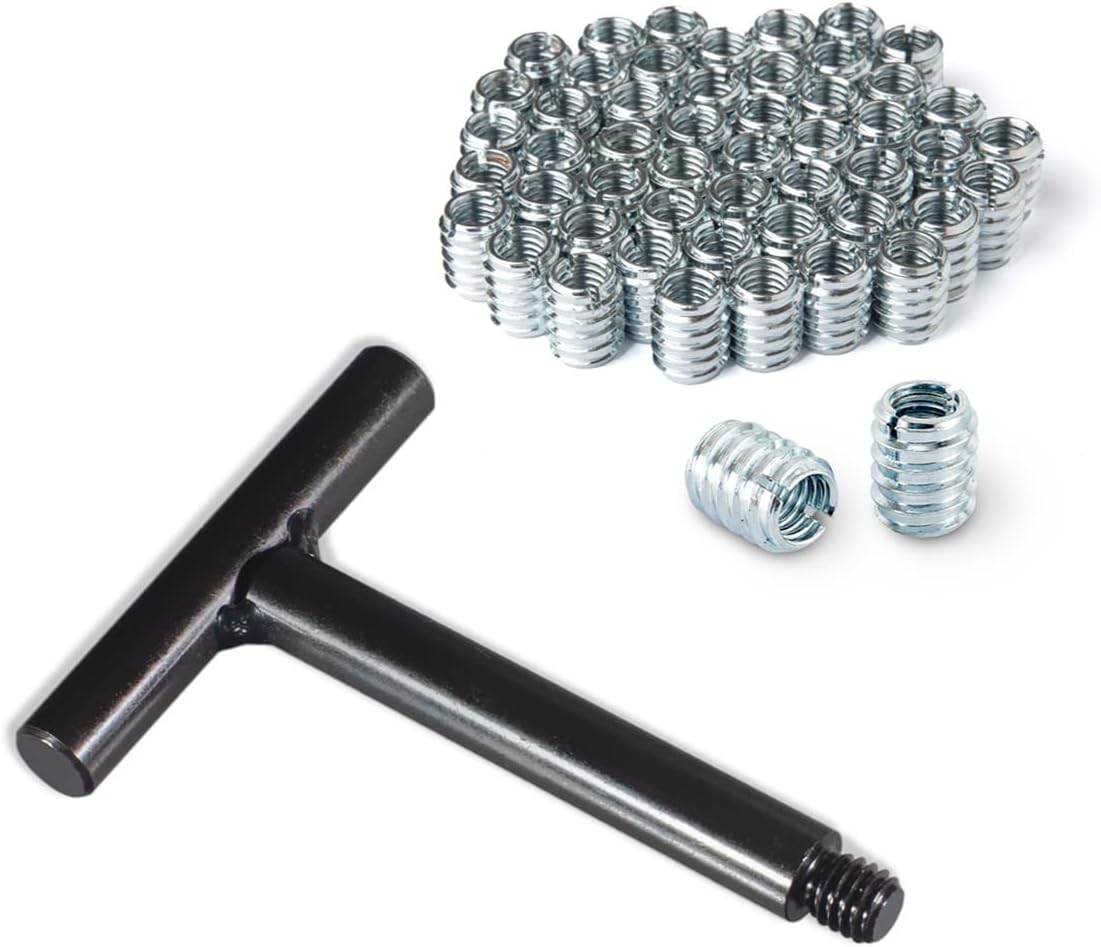 POWERTEC 71813 3/8"-16 Threaded Insert Installation Tool Set | T-Wrench with 50-PC Zinc Plated Threaded Inserts for Wood Furniture | 3/8"-16 Internal Threads x 18mm Long
