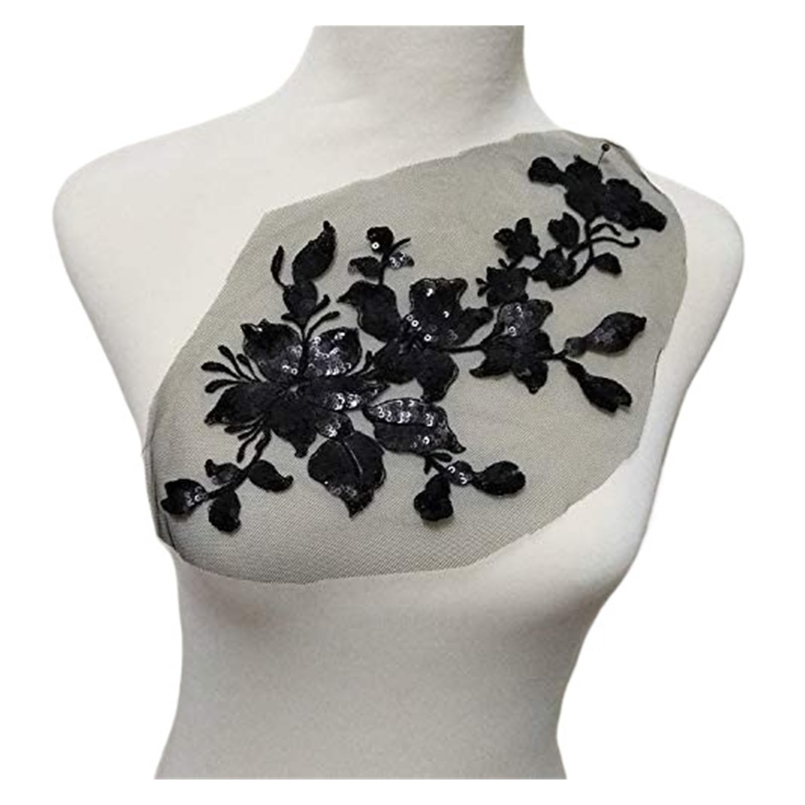 Applique dentelle 3D noire brodée avec fleurs et paillettes de 28x16cm pour vêtement