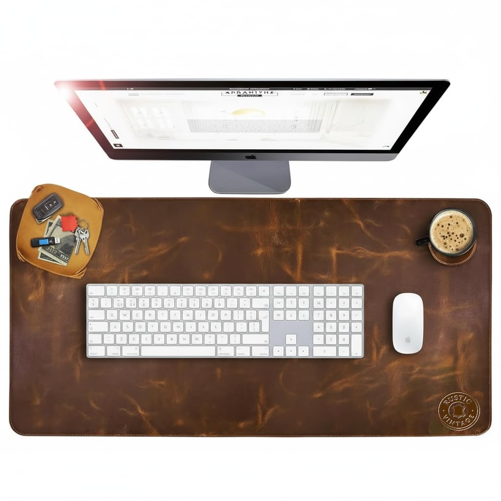 RusticVintage 32 X16 inch Geniune Leather Deskmat with 1 Tray 1 Coaster Big Size Waterproof Non Slip Desk