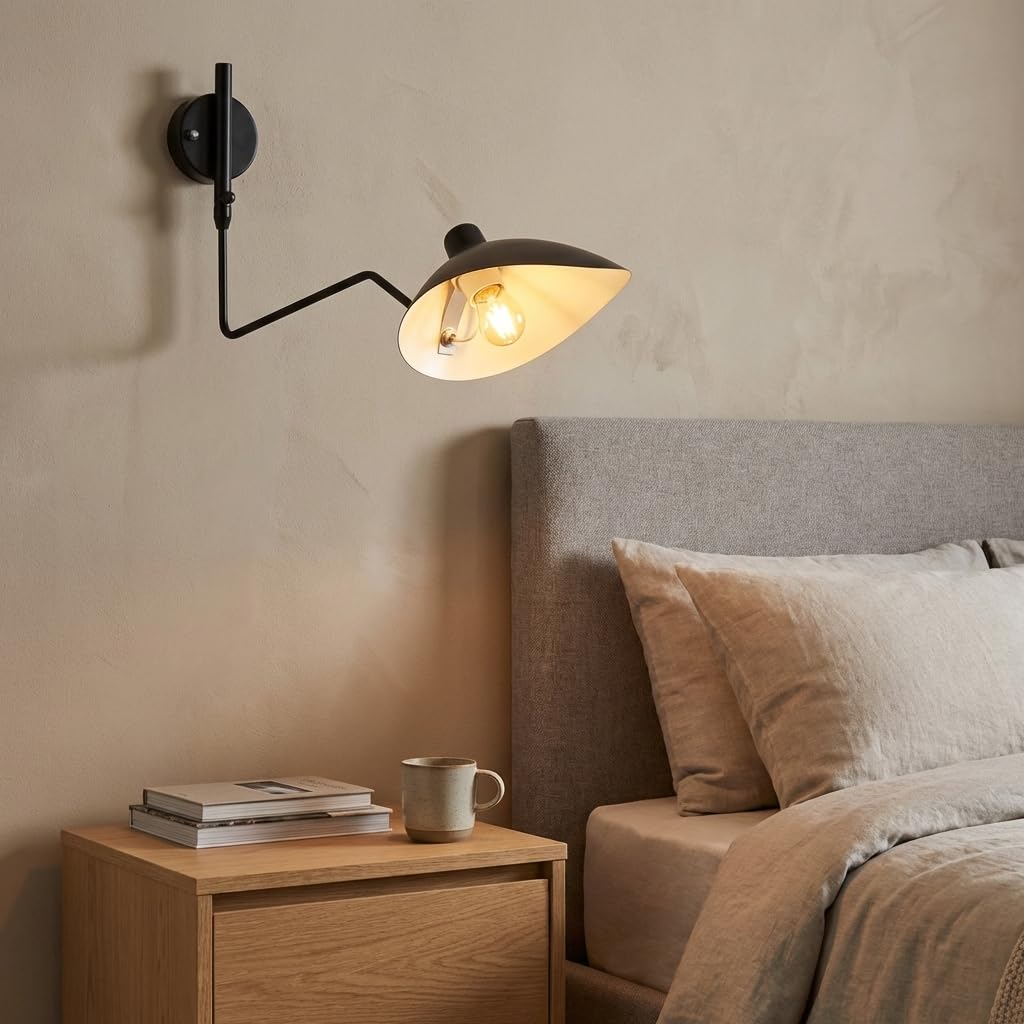 BARCELONA LED Applique da Parete Grande in Ferro Nero Stile Classico Moderno Vintage di Lusso, Braccio e Paralume Orientabili, Attacco E27, Lampada da Parete Design per Interni