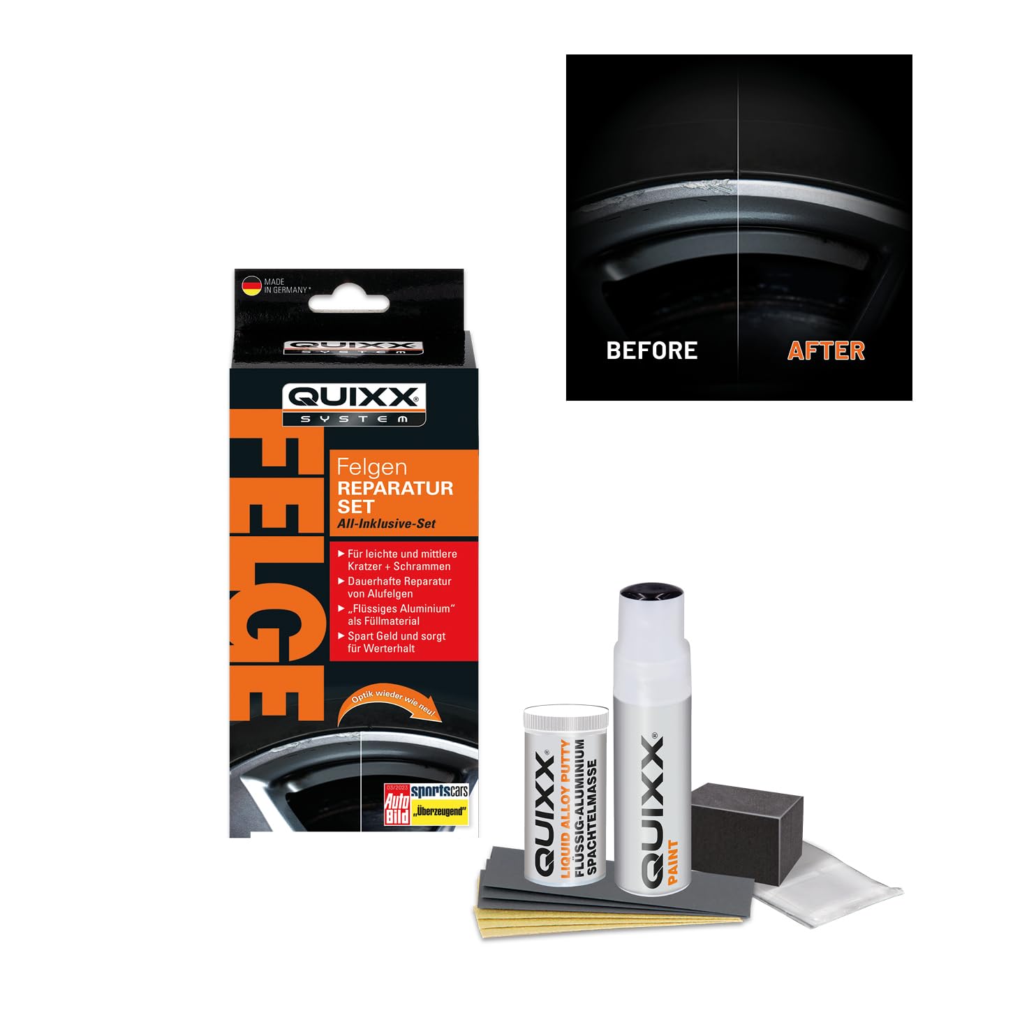 QUIXX Felgen Reparatur zur Entfernung von Kratzern in Aluminiumfelgen, schwarz, 5 teiliges Set