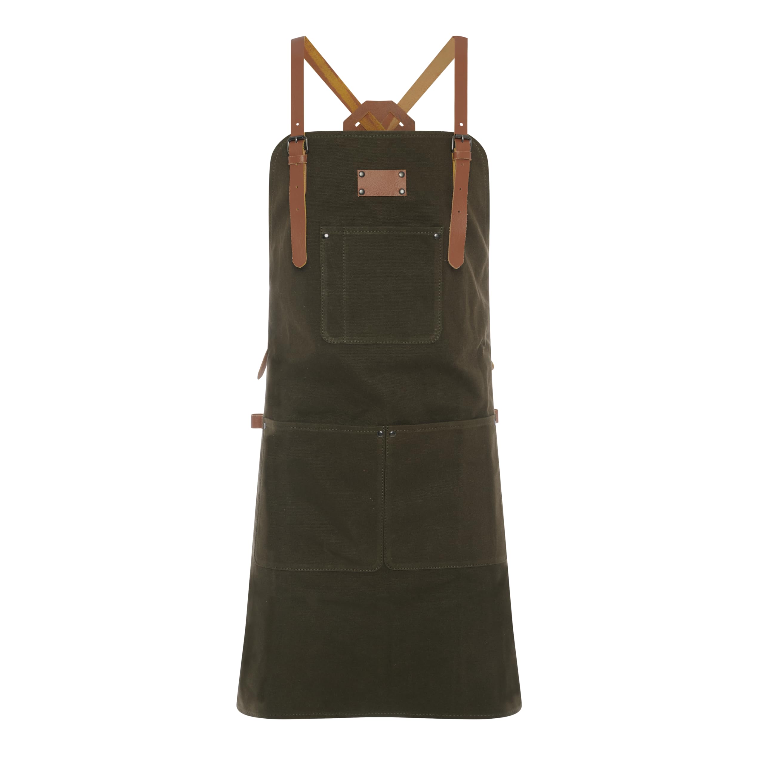 Theodore Tablier de travail en toile cirée, noir avec sangles en cuir marron, dos croisé, toile robuste de 414 g, utilitaire multi-poches
