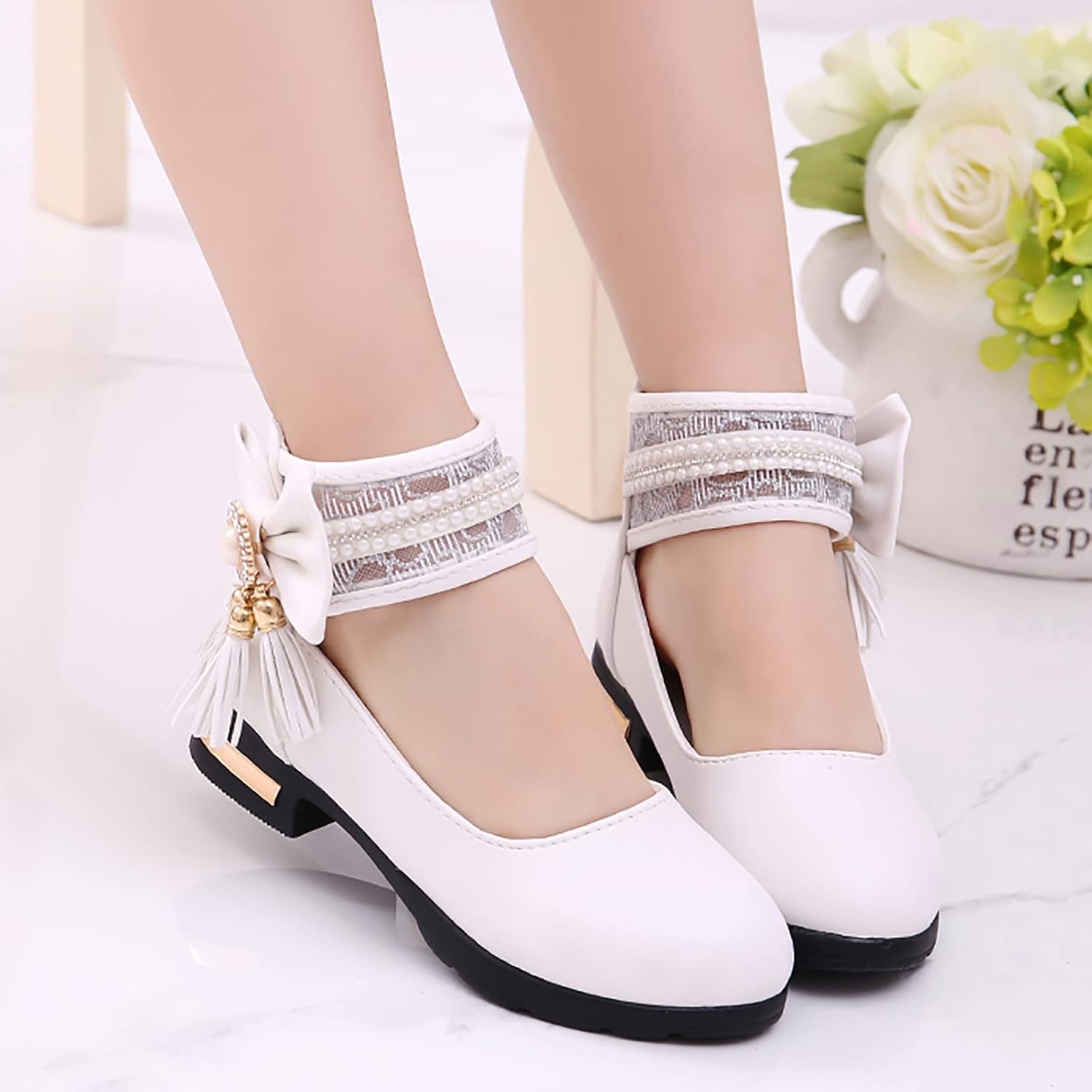 Infant Girl Shoes Models Sweet Girls Princess Leather Shoes with Jewelry Tassel Girls Dress Shoes (White, 12-12.5 Years)