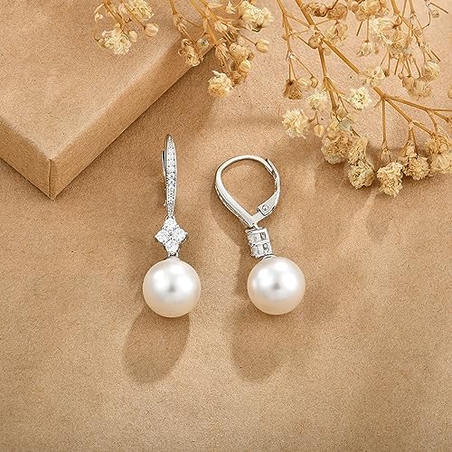 Women Pearl Earrings 925 Sterling Silver Leverback Dangle Drop Earrings 5A Cubic Zirconia Dainty Pearl Jewelry Valentine's Day Anniversary Mother's Day Birthday Gifts for Her4