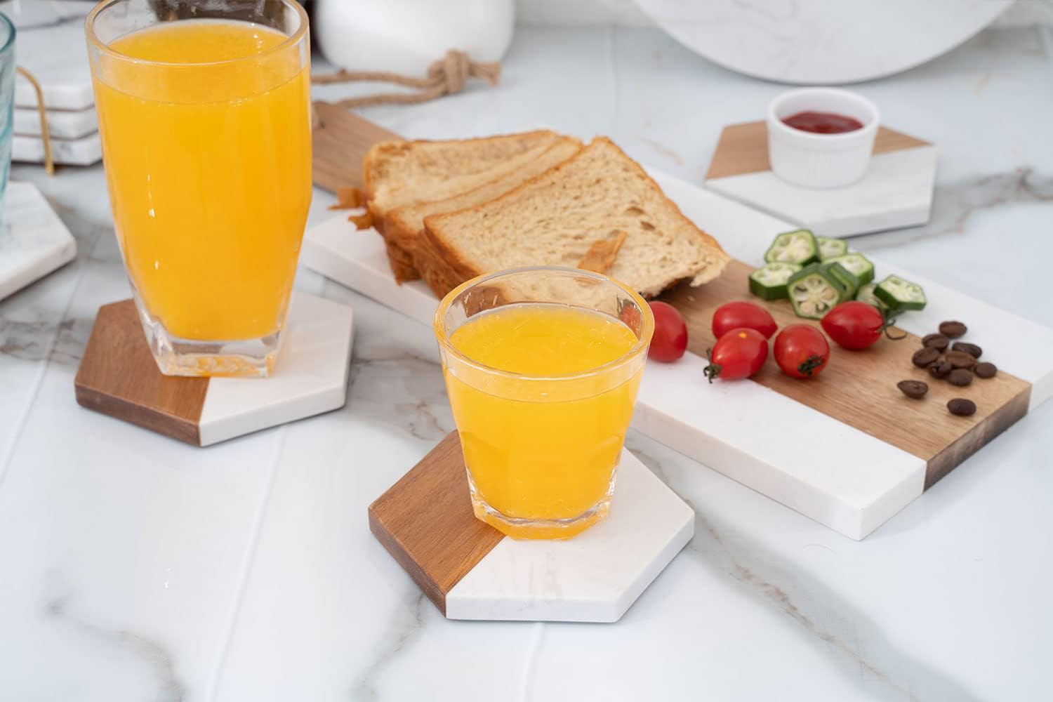 Marble Acacia Wood Drinks Coasters Set of 4, Hexagonal Coasters for Coffee Table Dining Table Desk Modern Coasters Christmas Housewarming Home Office