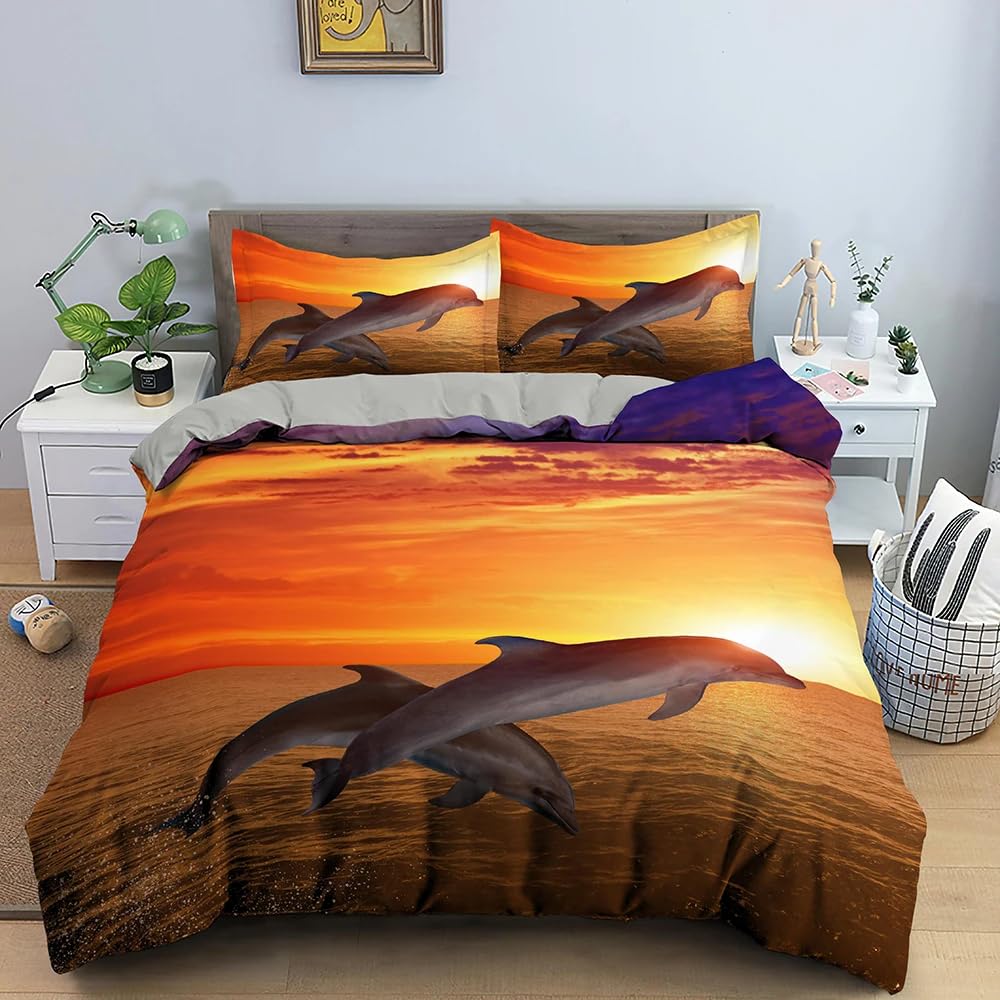 LMMSMGS King Size Duvet Cover Sets Dolphin Duvet Cover King Size 94.5"x 86.6" with 2 Pillowcases 19.7"x 29.5" Bedding Sets Ultra Soft Warm Fluffy With Zipper Closure for Aldults Kids