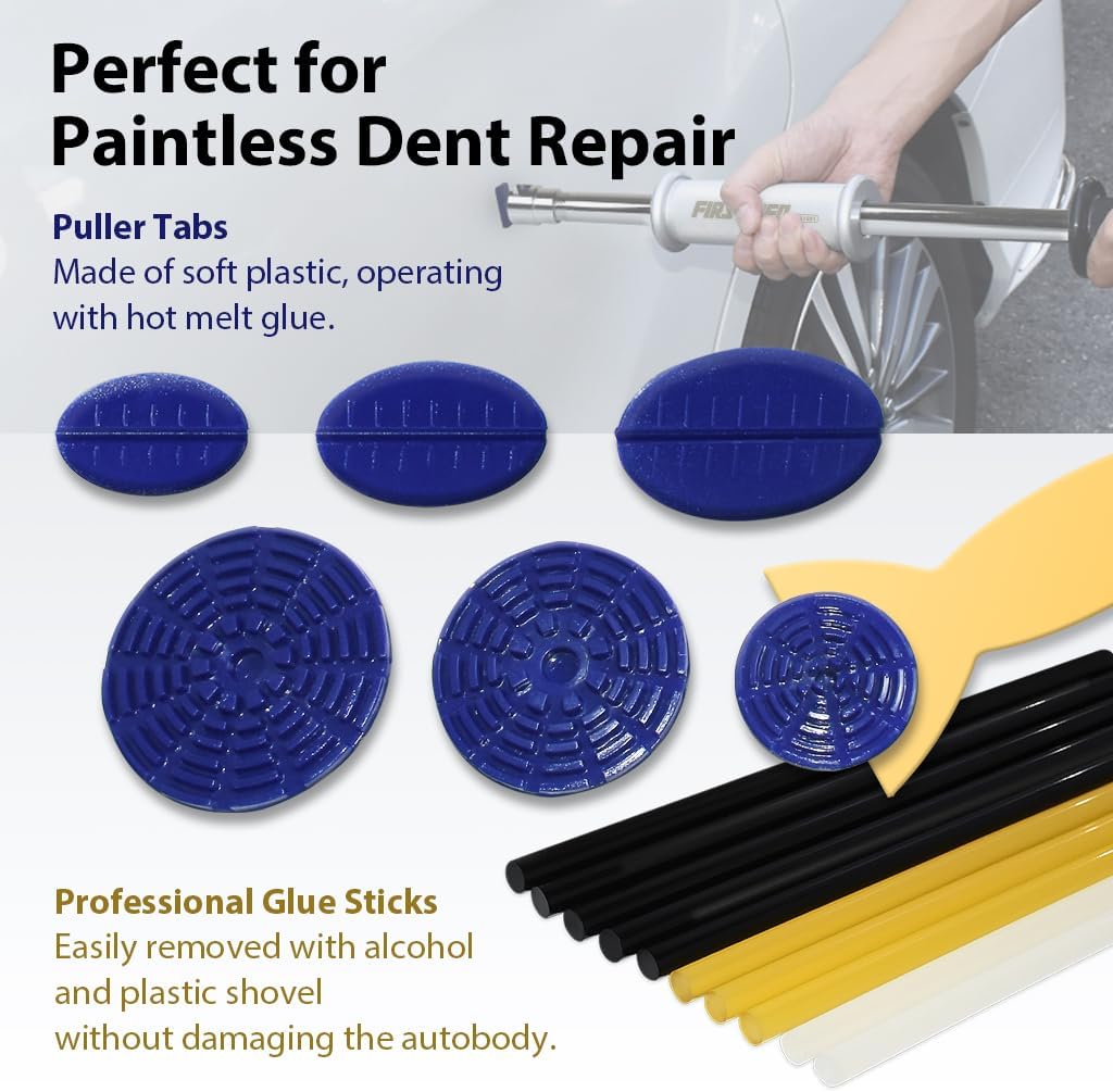 FIRSTINFO A1501USY6 Pneumatic Dent Puller Kit- Vacuum Suction/Slide Hammer/Glue Gun, Sticks, and 20 Puller Tabs