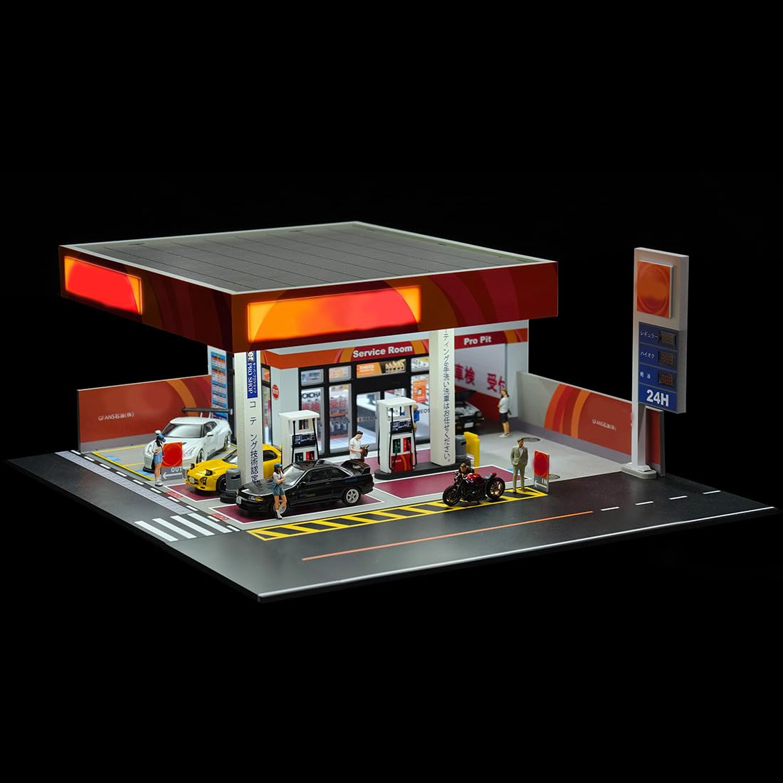 Japońska stacja benzynowa 1:64 scena modelowa, miniaturowy budynek z oświetleniem, miniaturowa stacja benzynowa do wyświetlania samochodów odlewanych pod ciśnieniem, realistyczny zestaw dioram dla