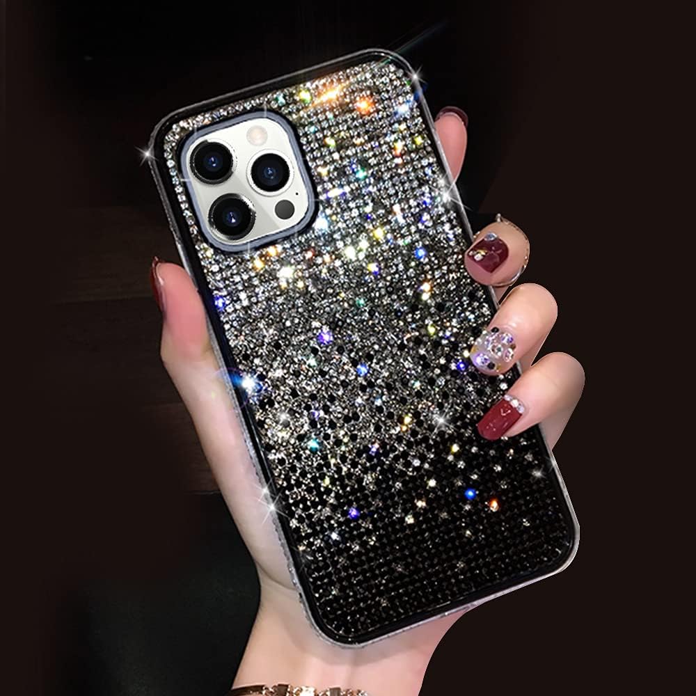 LUVICompatible with iPhone 14 Pro Max Bling Case Cute Glitter Diamond for Women Girls Rhinestone Sparkle Shiny Crystal Bumper Luxury Protective Cover 3D Handmade Case for iPhone 14 Pro Max Black
