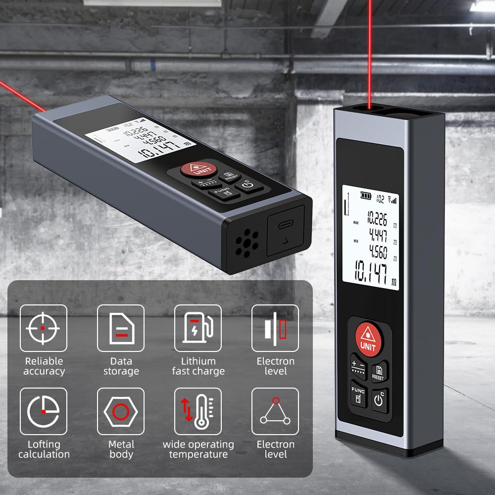 REVASRI 40M Télémètre Professionnel, télémètre Laser avec Niveau à Bulle électronique M/in/Ft rétroéclairage LCD Distance/Zone/Volume/Pythagore/Mesure Continue et USB C Rechargeable