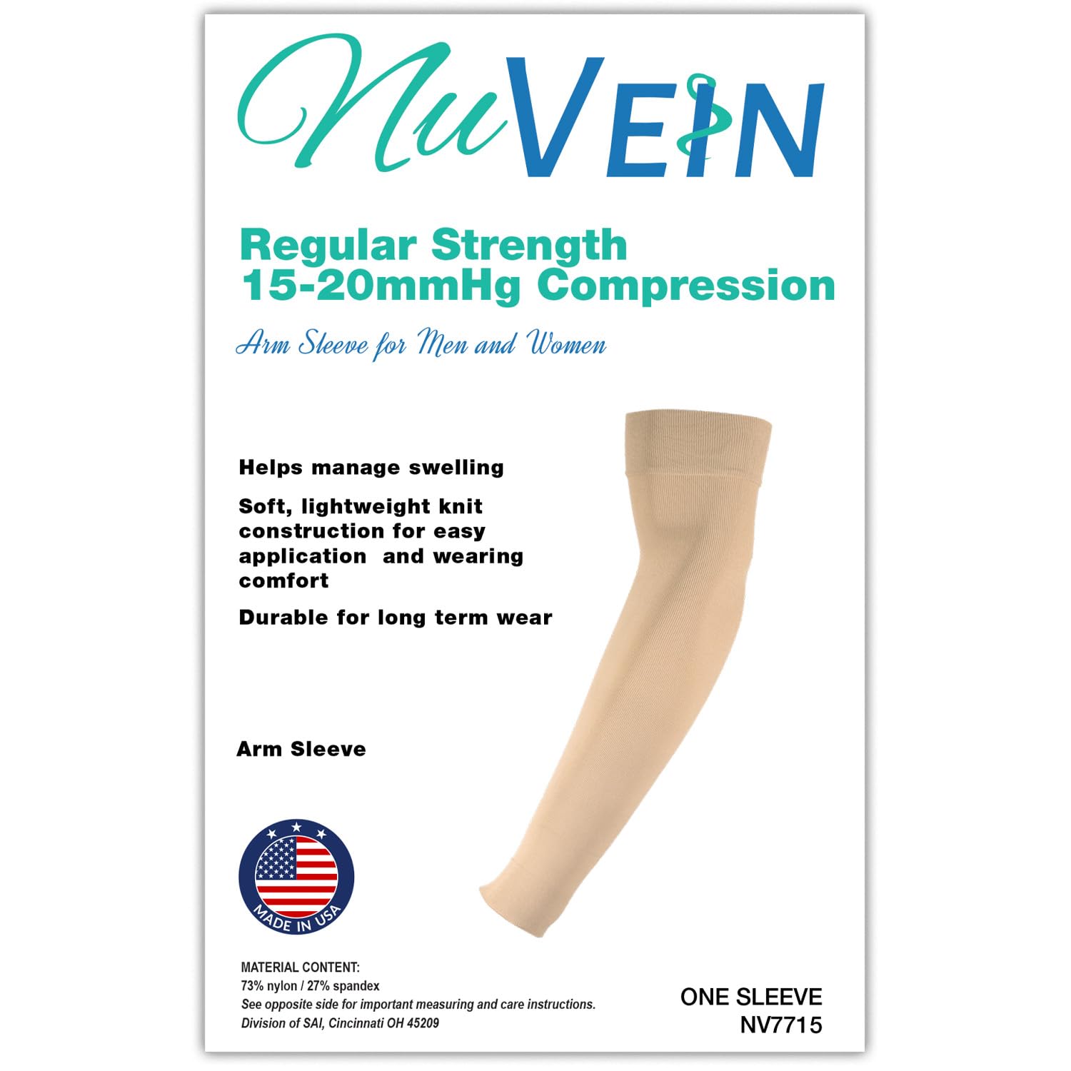 NuVein 15-20 mmHg Compression Lymphedema Arm Sleeve, Medical Support for Post Surgical Swelling Recovery, Beige, Small