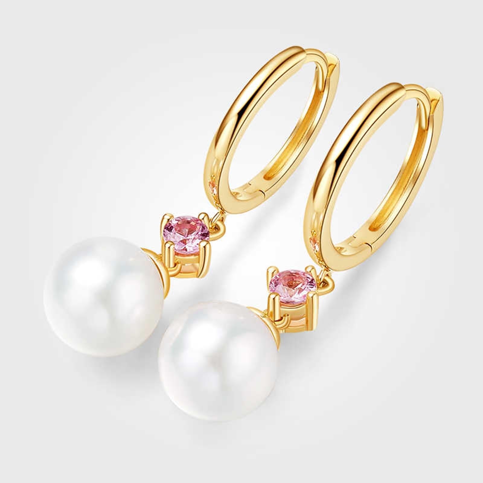 9K/14K/18K Gold Ohrringe Creolen Hängend, Perle 7.5-8mm Pinker Saphir Huggie Ohrringe Damen Echt Gold