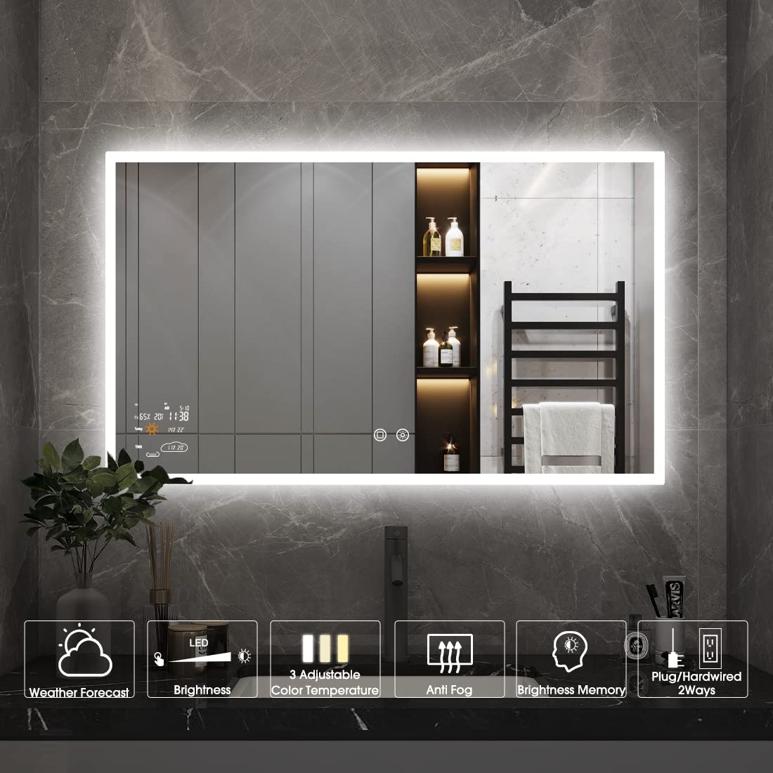 Evokor 40 x 24 Inch Led Smart Bathroom Mirror with Lights, Anti Fog Lighted Vanity Mirror with Weather Time Wall Mounted, White/Warm/Natural Light Dimmable, CRI92, IP54 Waterproof (Horizontal)