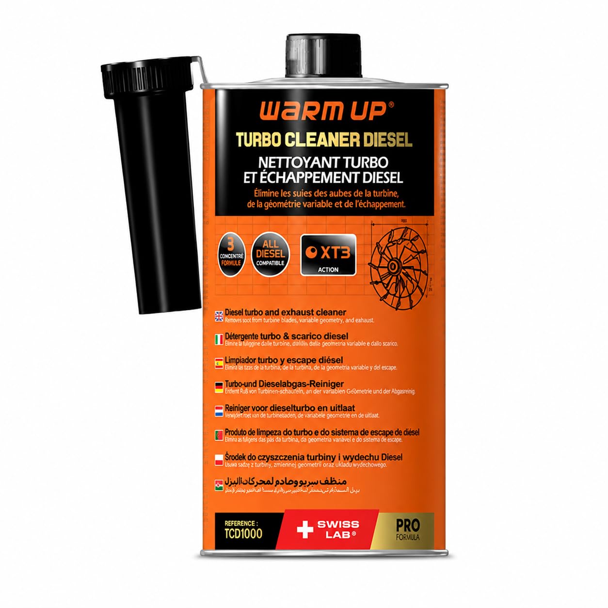 WARM UP Turbo Cleaner Diesel TCD1000 1L | Limpiador de Turbo Diésel y Sistema de Escape | Ayuda a Limpiar Geometría Variable, EGR, FAP/DPF y Catalizador | Tecnología XT3 + XT2