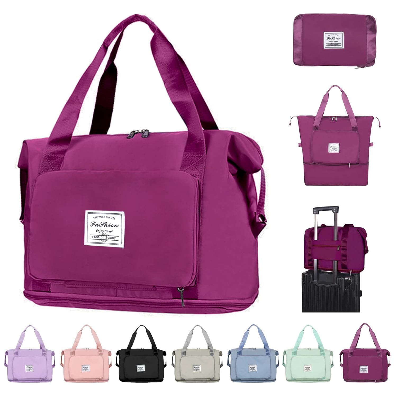 Large Capacity Folding Travel Tote Bag, Oxford Fabric Waterproof Lightweight Foldable Travel Duffel Bag, Portable Expandable Travel Bag, Dry and Wet Separation Carry On Bag for Airplanes (Fuchsia)-picture-10
