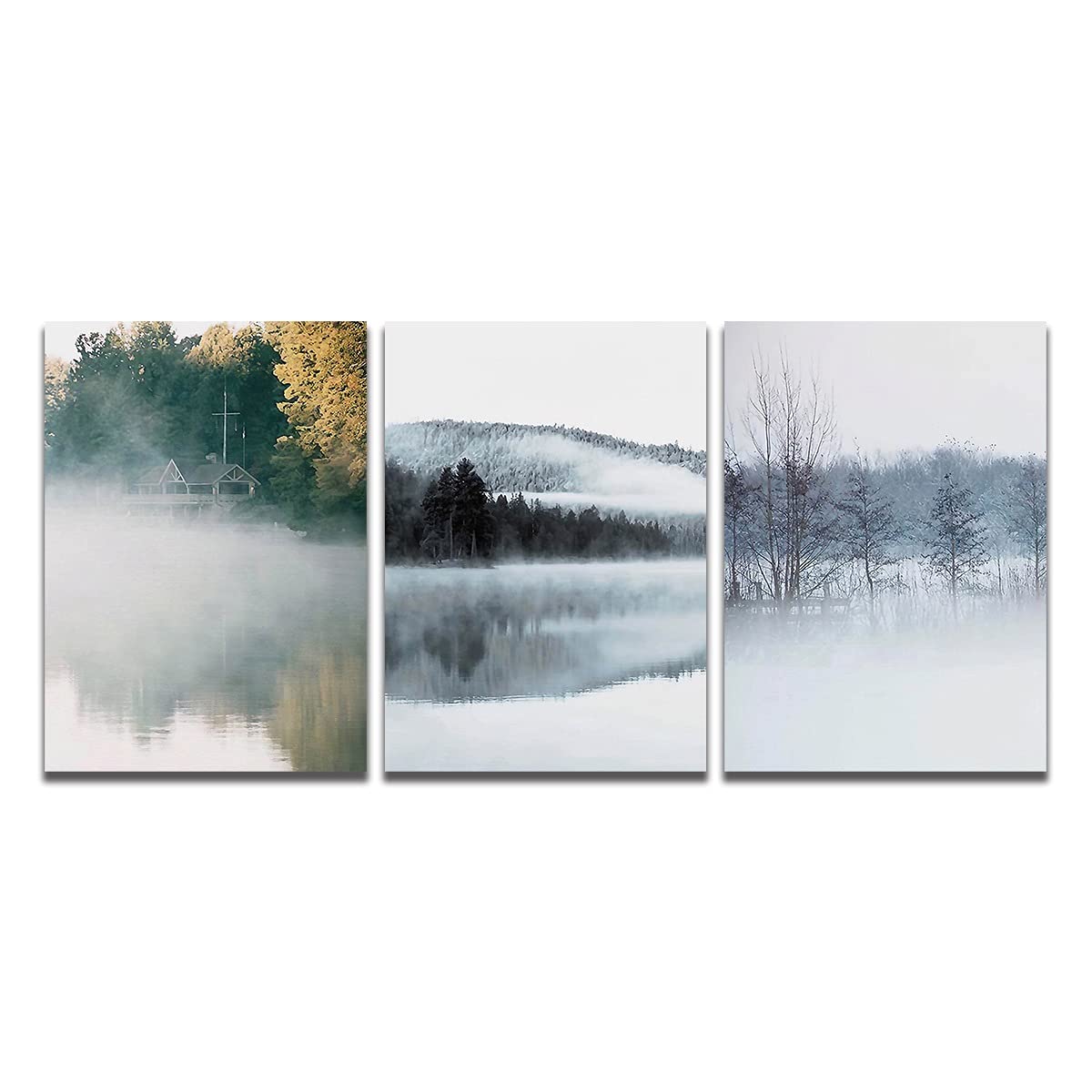 Tableau paysage lac triptyque évasion | Toile murale salon harmonie et sérénité