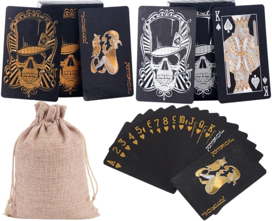 2 Pack Skull Playing Cards Black Poker Cards Waterproof Plastic Black Foil Playing Cards Highly Flexible,2 Decks of Cards with Bag(Gold+Black 3)