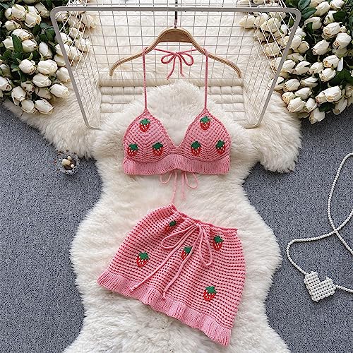 Women Crochet Knitted Two Piece Outfit Hollow Out Bikini Halter Top and Mini Skirt Swimsuit Beach Cover Up Set2