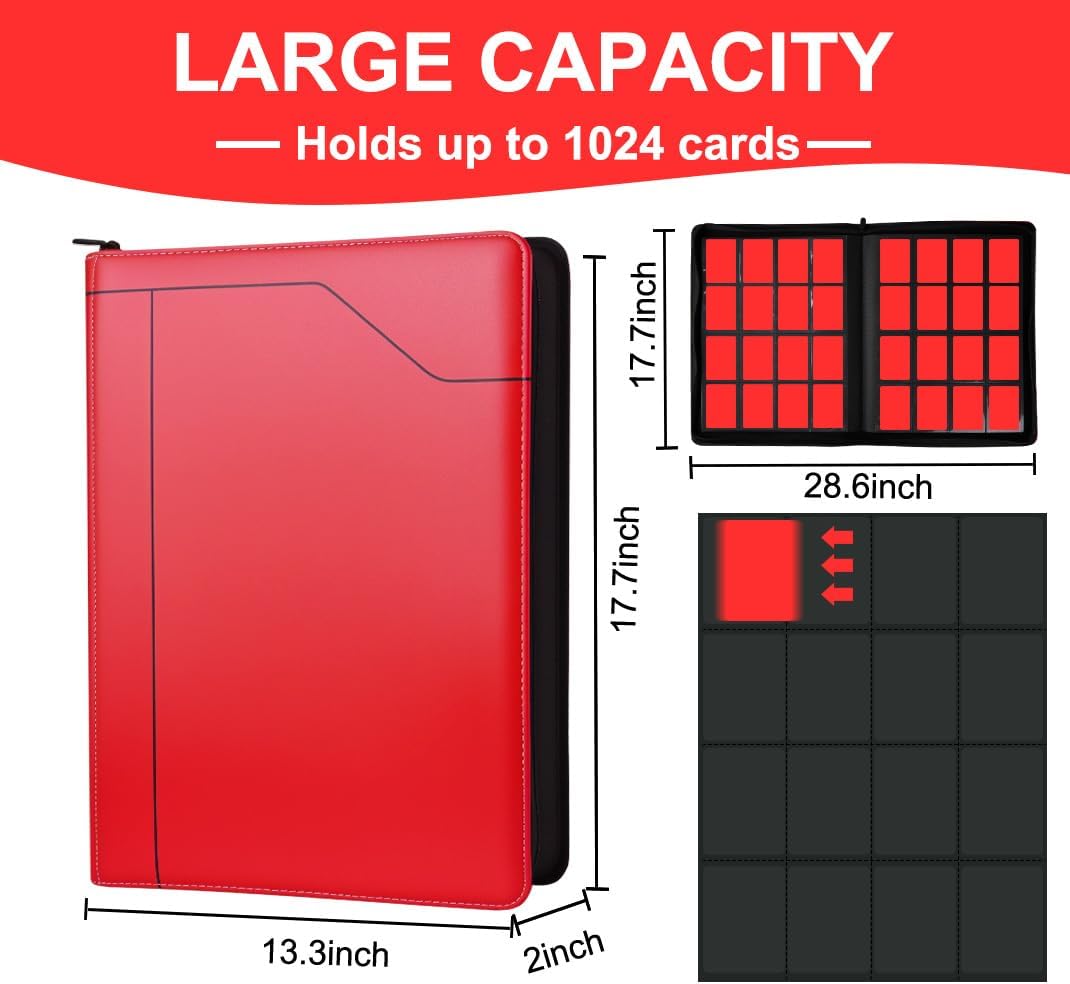 1024 Pockets Premium Trading Card Binder - 16-Pocket PU Leather Zipper Card Album, Ringless Side Loading Binder for Baseball/Football/Sports Cards (Red)