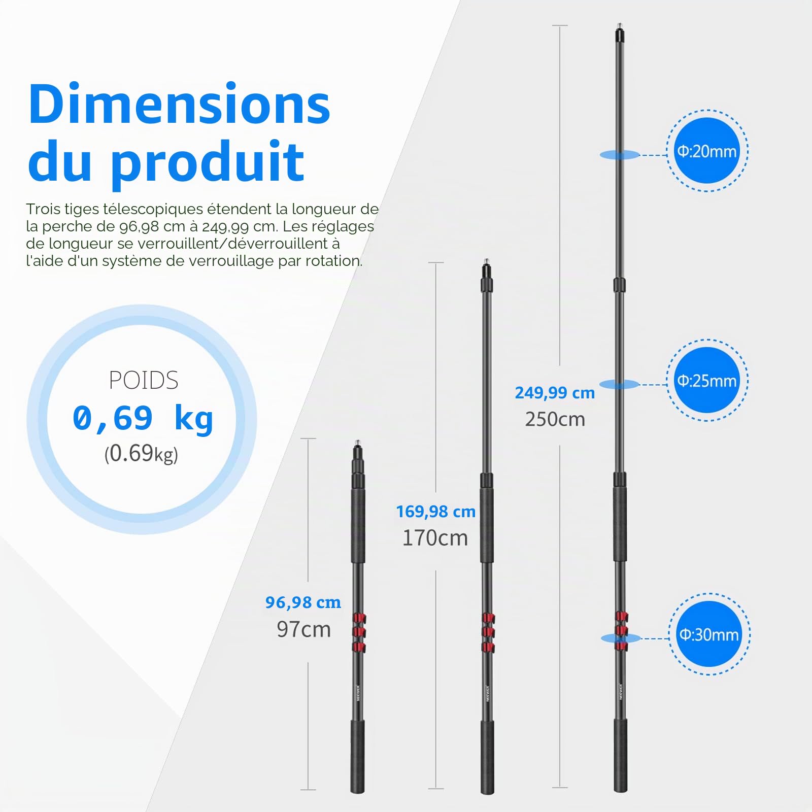 Neewer Nw-7000 Bras de Flèche Pour Microphone, Bras de Micro Portable Extensible en 3 Sections avec Filetage 1/4 "à 3/8", Longueur Réglable de 3 Pieds à 8 Pieds