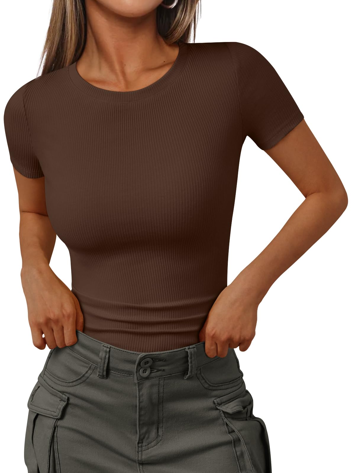 Trendy Queen Women's Crewneck Ribbed Knit Fitted T-Shirt