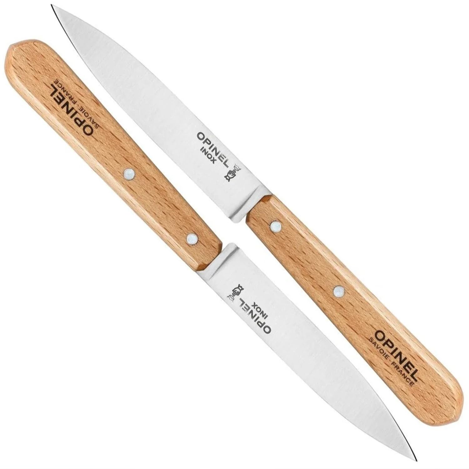 No. 112 Paring Knives 2 Piece Set, Sandvik 12C27 Steel Everyday Use Prep Knives for Chopping, Peeling, Slicing, Trimming, Stabilized Sustainably Harvested Beechwood Handles, Made in France