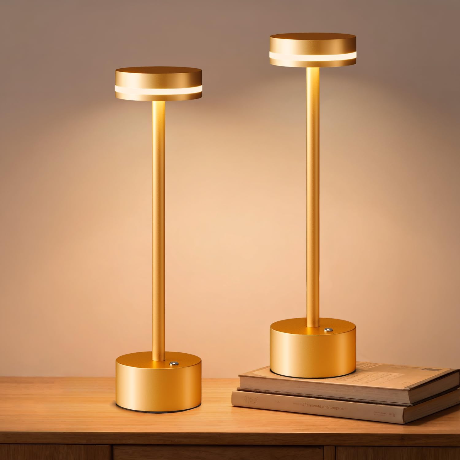 2 Pack Gold Modern Cordless Table Lamp Rechargeable, Aluminum Touch Lamp & 4000mAh Battery Operated, 3000K LED Table Lamps for Home Decor, Dining, Reading, Desk, Bedroom, Gift