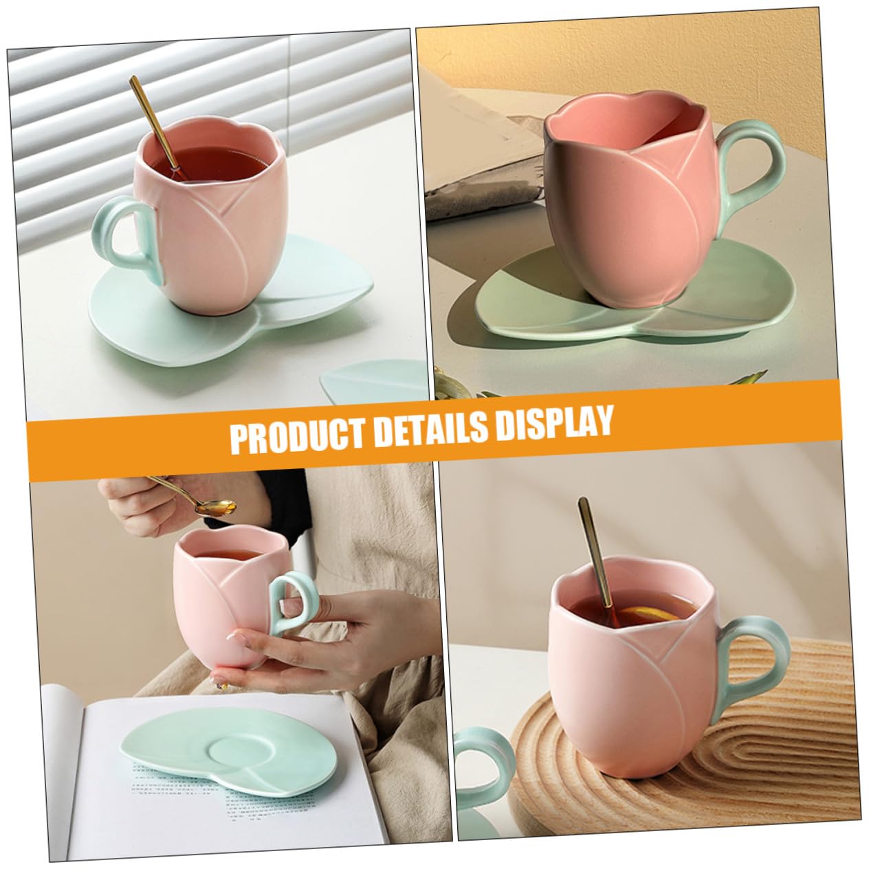 BESTYASH Taza de Café de Cerámica con Platillo Taza de Tulipán Rosa para Desayuno de Agua con Asa para Beber de Leche para Hogar