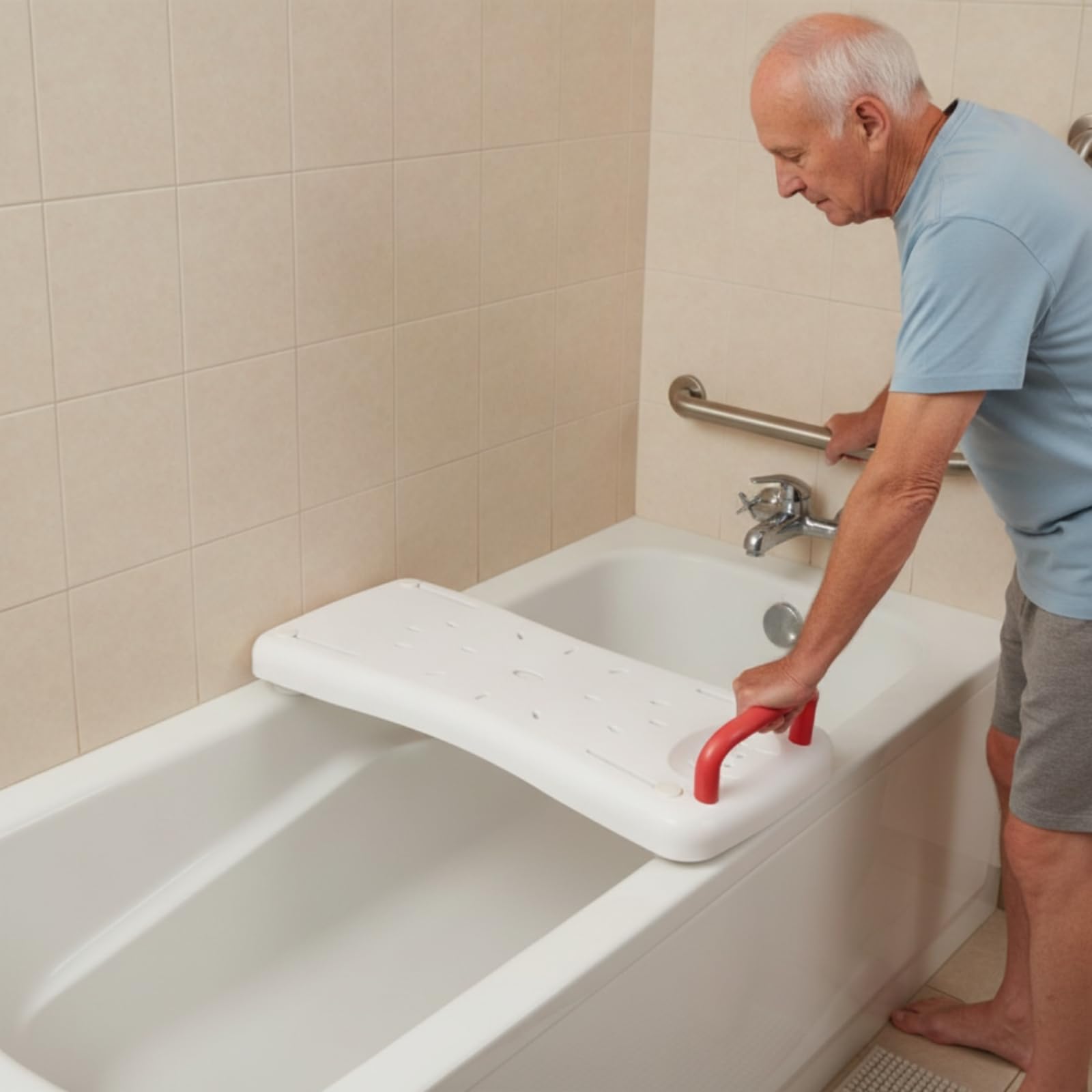 Asiento Bañera con Drenaje Antislizante Tab con Asa Ajustable Tabla Asiento Baño para Usuarios Mayores, Ancianos, Ducha, Blanco con Asa Roja, 70 31 9 Cm