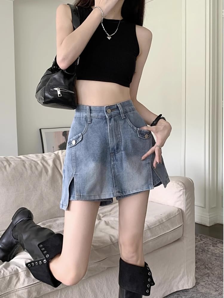 LIXINGHEITANG Large Size Womens Retro Denim Skirt Summer Waist Slim and Design Short Pants