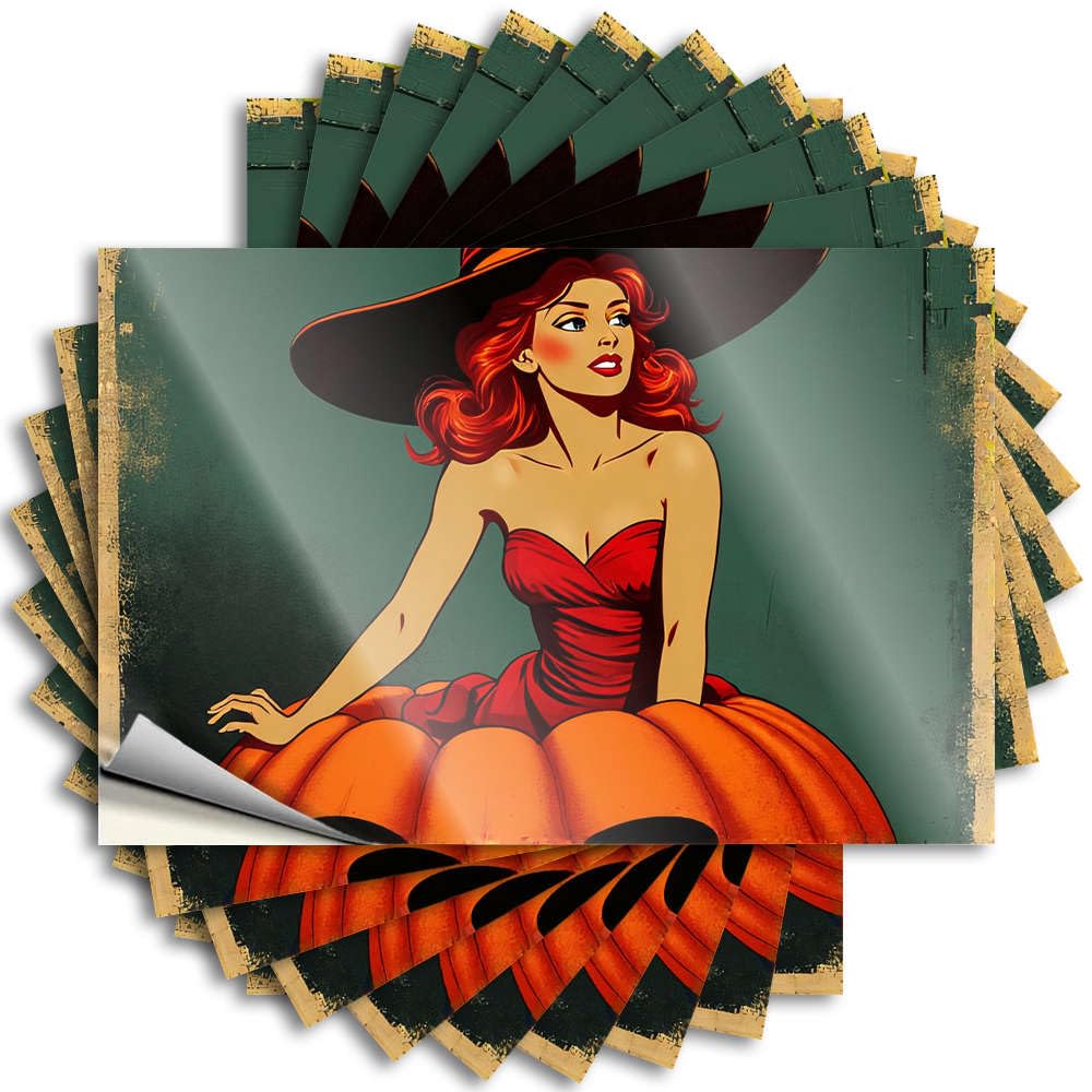 Bumper Southern Outdoor Camping Accessories Laptop A Woman in A Red Dress Sitting On Pumpkins - No Residue Decals for Microfiber(12X18CM)